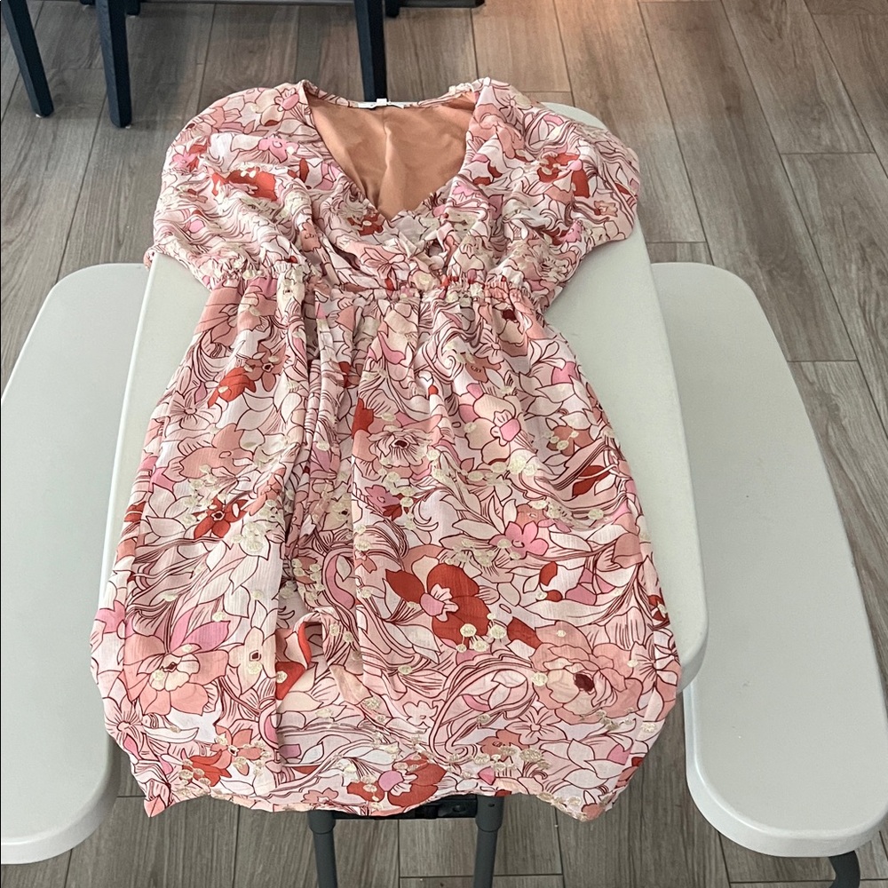 Floral Pink Puff-Sleeve Women's Dress